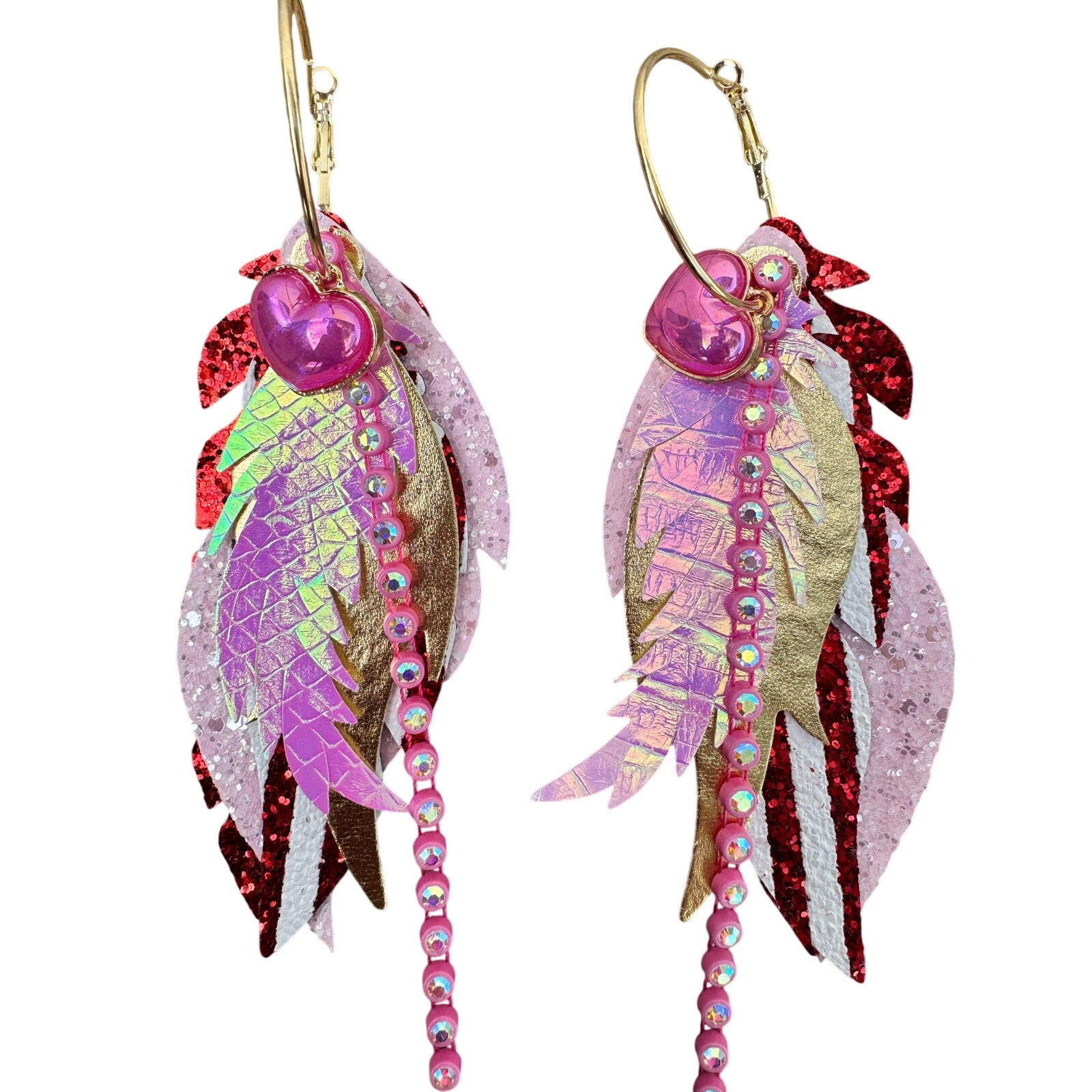 Keep It Gypsy Pink Iridescent Feather Earrings Rhinestone Heart Western Glam